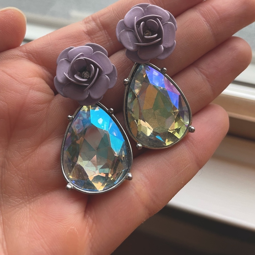Costume Earrings with Purple Flower & Faux Crystal